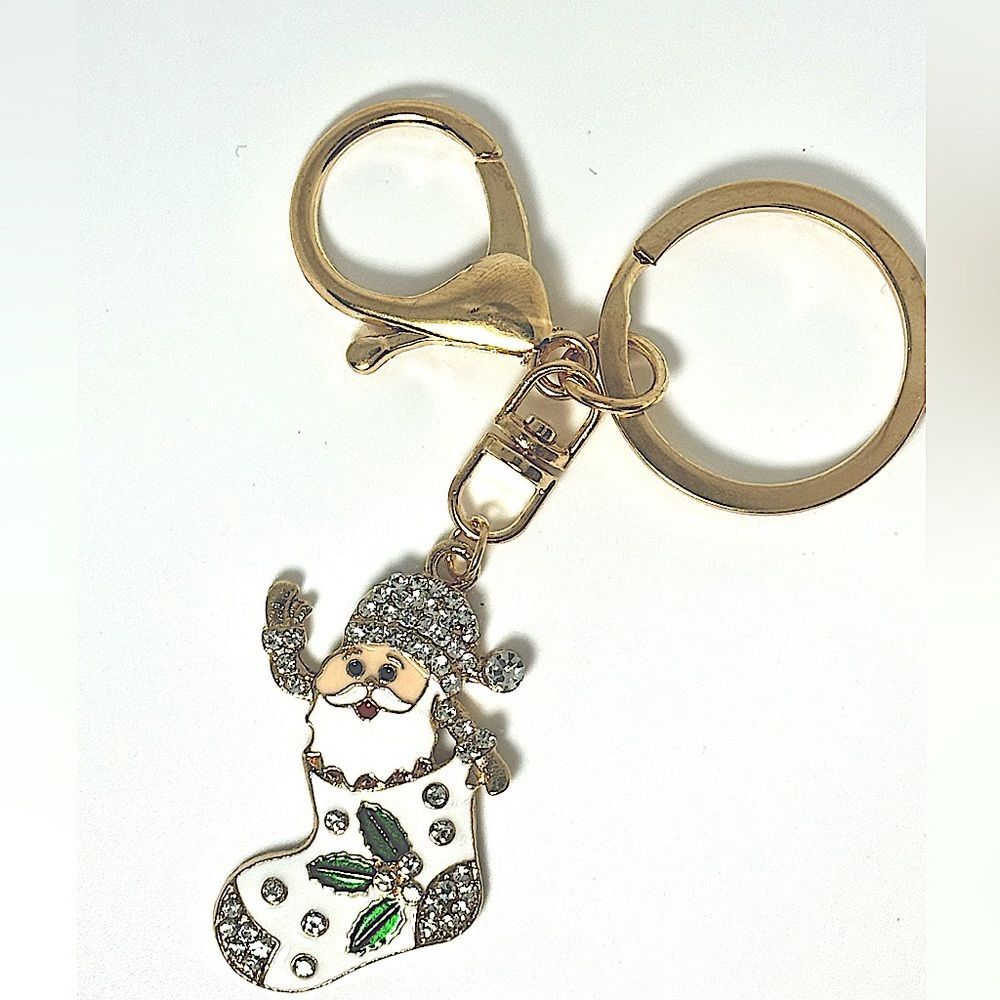 BAG CHARM Gold Tone Holiday Santa in Stocking